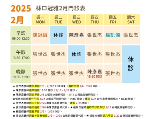 114年2月林口冠雅門診表