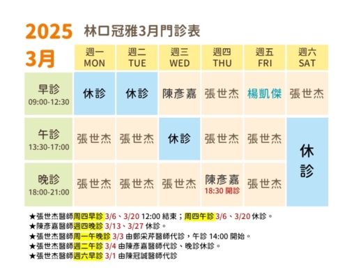 114年3月林口冠雅門診表