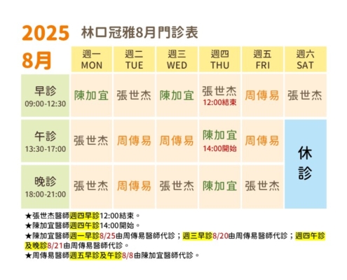 114年8月林口冠雅門診表