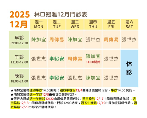 114年12 月林口冠雅門診表